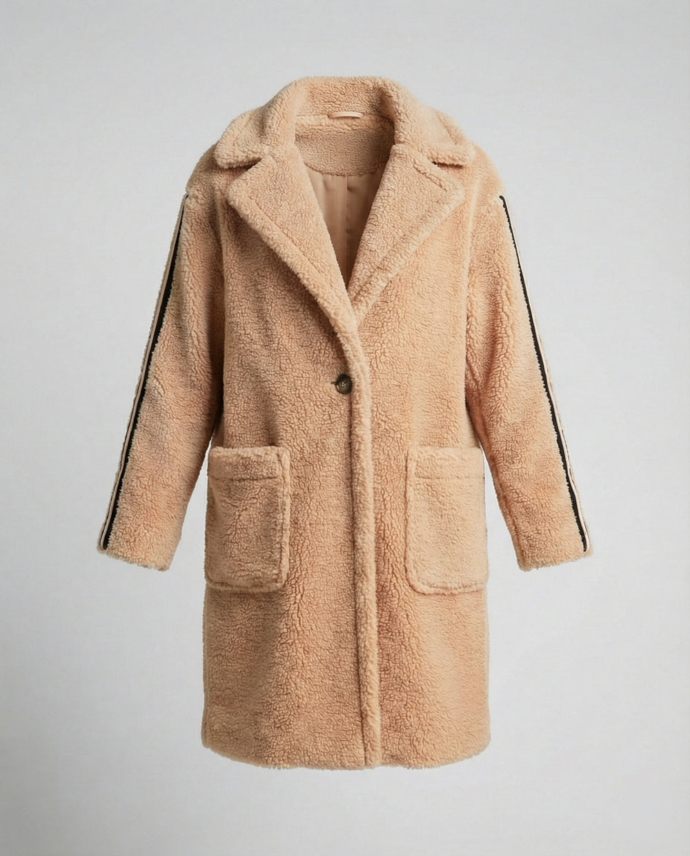Damen eleganter Teddy-Mantel mit zwei Taschen und sportlichen Streifen R&B