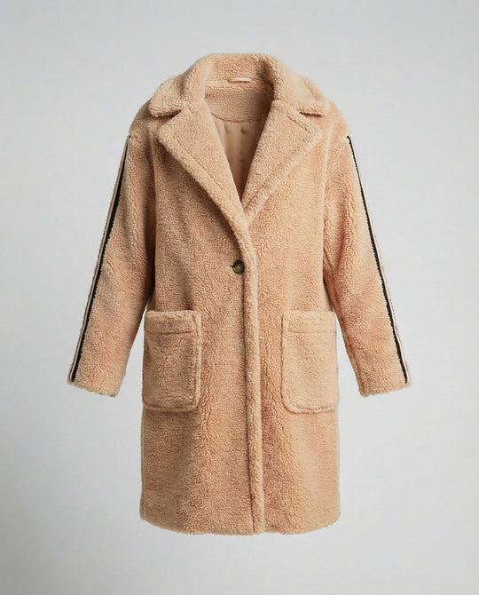 Damen eleganter Teddy-Mantel mit zwei Taschen und sportlichen Streifen R&B