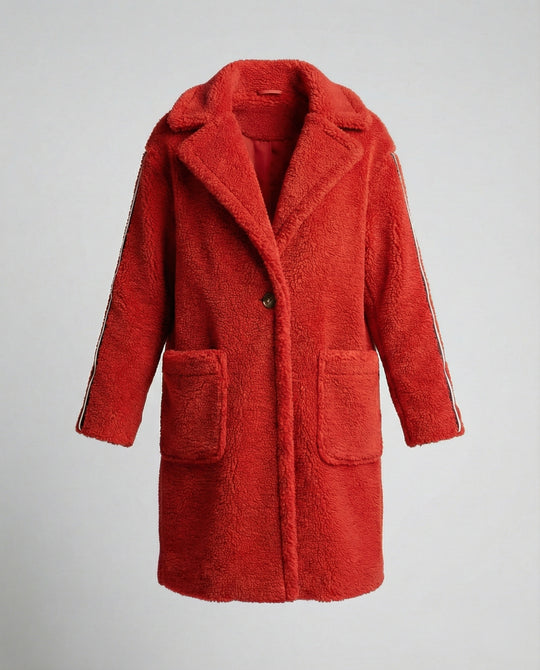 Damen eleganter Teddy-Mantel mit zwei Taschen und sportlichen Streifen R&B