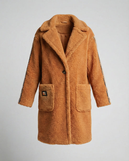 Damen eleganter Teddy-Mantel mit zwei Taschen und sportlichen Streifen R&B