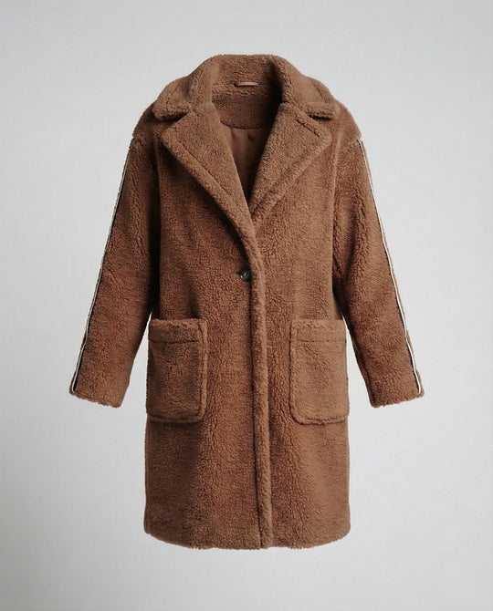 Damen eleganter Teddy-Mantel mit zwei Taschen und sportlichen Streifen R&B