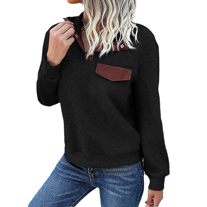 Damen Stehkragen Sweatshirt mit Knopfdetails und Brusttasche R&B