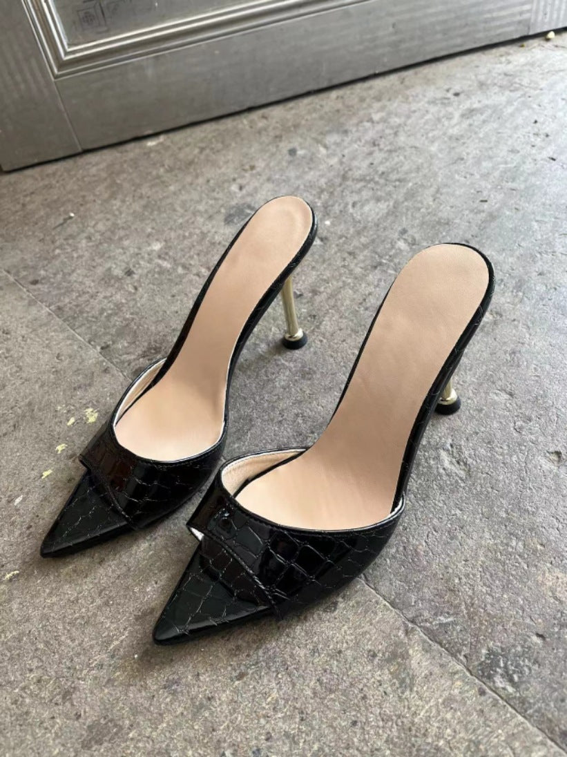 Damen modische Slingback-Pantoletten mit glänzender Krokodil-Prägung R&B
