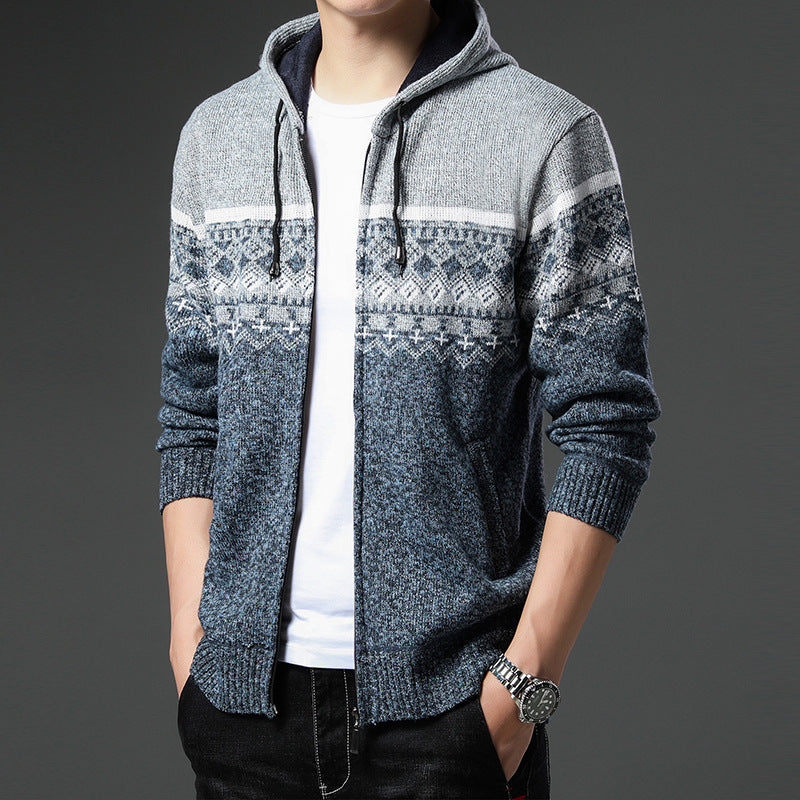 Herren gemusterte Strickjacke mit Kapuze und komfortablem Schnitt