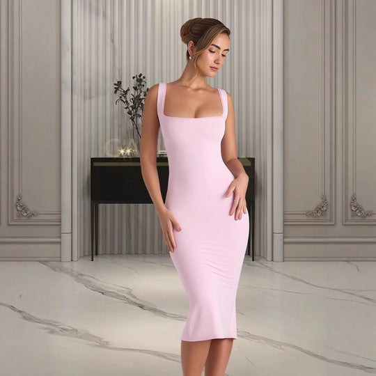 Damen Figurumspielendes Midi-Kleid mit quadratischem Ausschnitt und schmalem Schnitt R&B