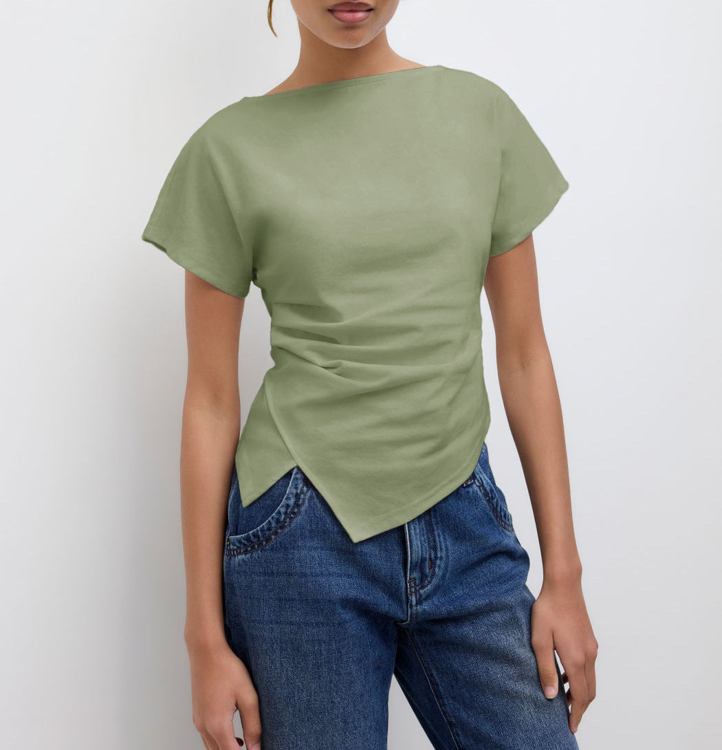 Damen Cropped T-Shirt mit asymmetrischem Schnitt und dekorativem Drapierungseffekt R&B