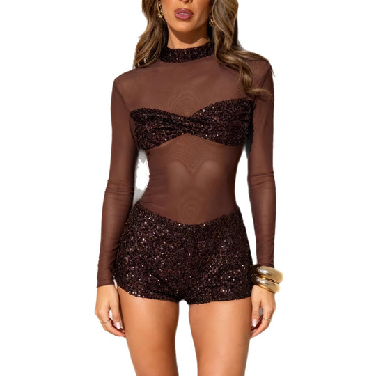Damen Glitzerndes Jumpsuit mit langen Ärmeln R&B