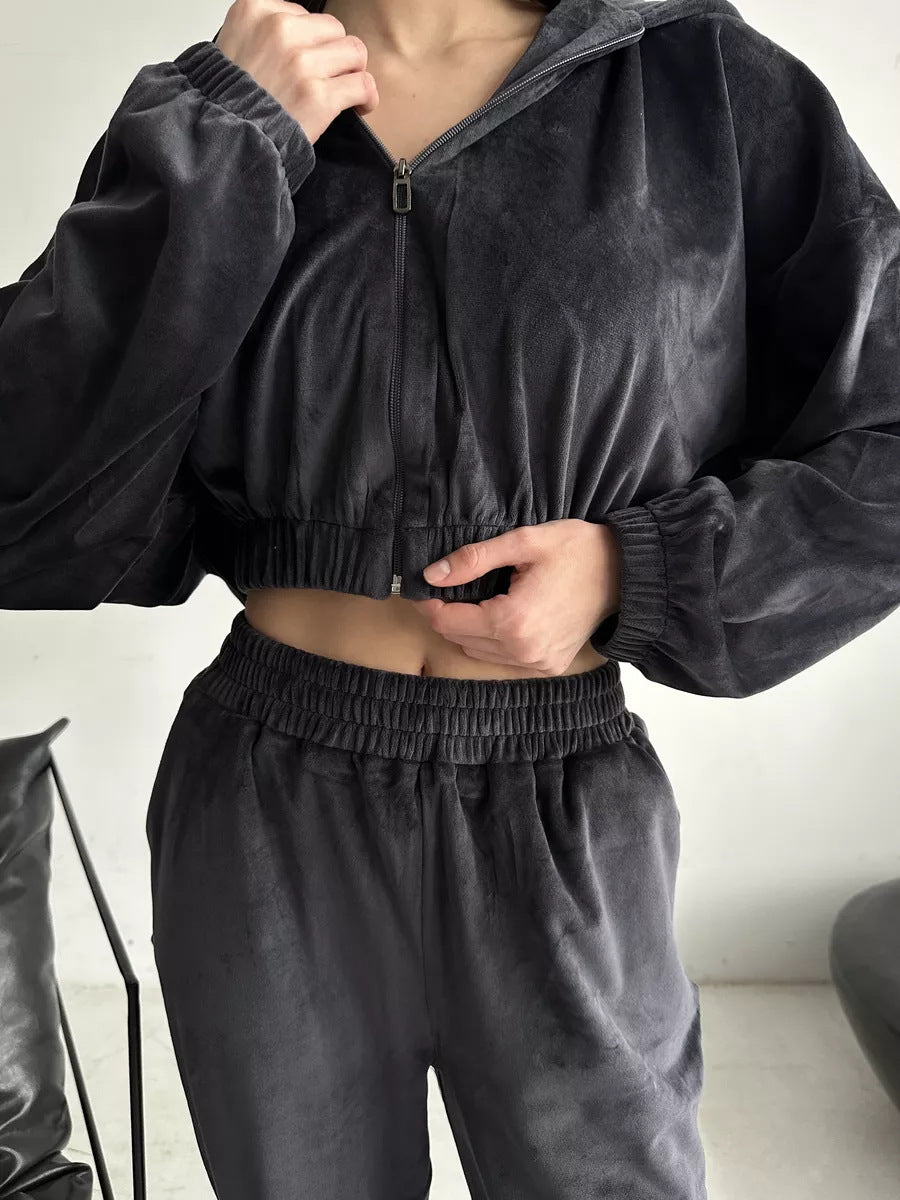 Damen sportliches Fleece Ensemble mit modernem Reißverschluss und elastischem Bund R&B