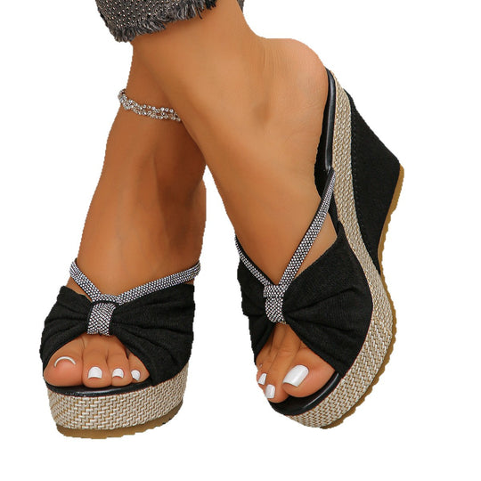 Damen Wedge-Sandalen mit dekorativem Knoten-Design und funkelnder Schmuckverzierung R&B
