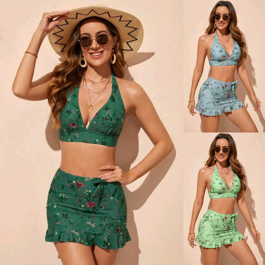 Damen Floral Print Bikini-Set mit Wickelröckchen R&B