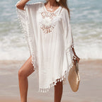 Damen Häkel-Strandüberwurf mit fransigem Saum und elegantem Lochmuster R&B