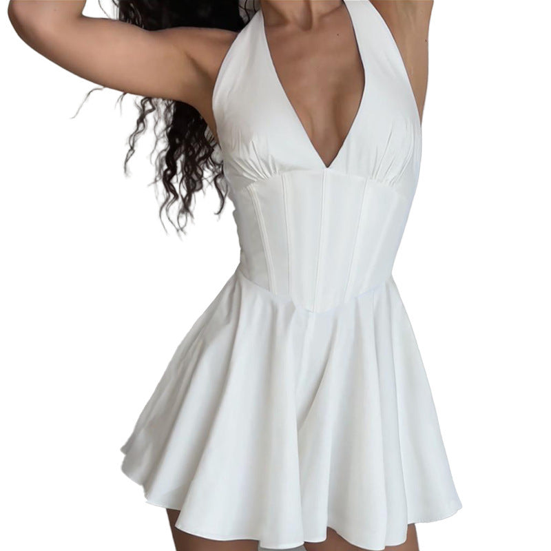 Damen Verspieltes Cocktailkleid mit tiefem V-Ausschnitt und fließendem Rock R&B