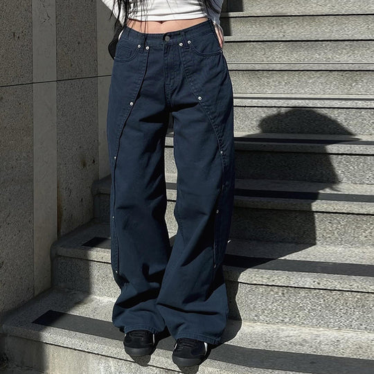 Damen Weite Utility-Hose mit dekorativen Druckknöpfen und modernen Akzenten R&B
