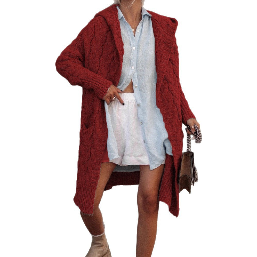 Damen Grobe Strickjacke mit Kapuze und Zopfdesign R&B