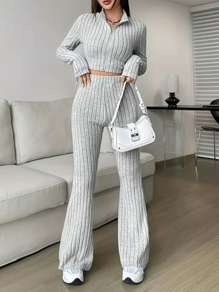 Damen Crop-Pullover und Flared Pants Set R&B
