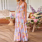 Damen Maxikleid mit buntem Patchwork-Muster und tiefem Ausschnitt R&B