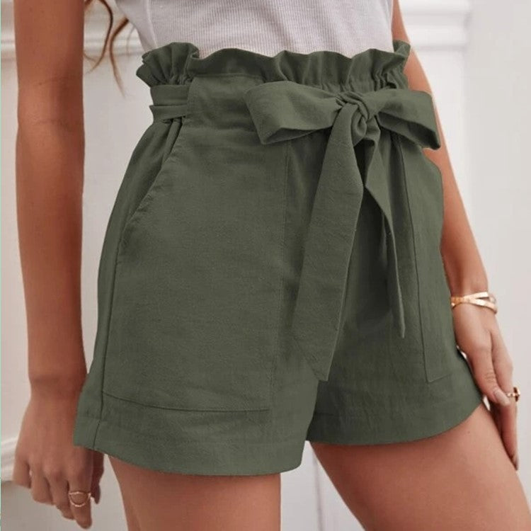 Damen kurze Lockere Leinenhose mit Bindegürtel R&B