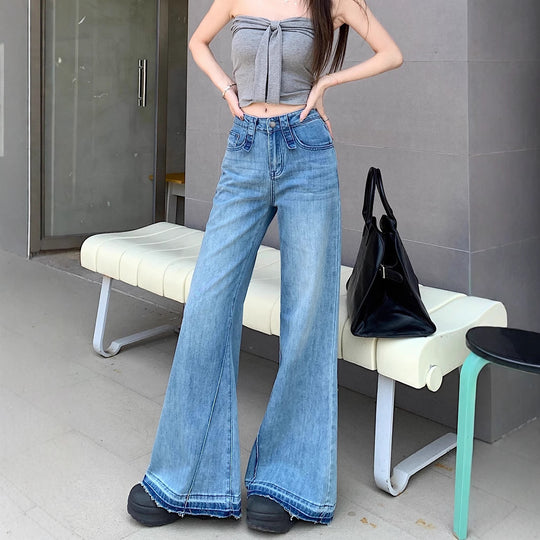 Damen weite Bootcut-Jeans mit hohem Bund und ausgefallenem Design R&B