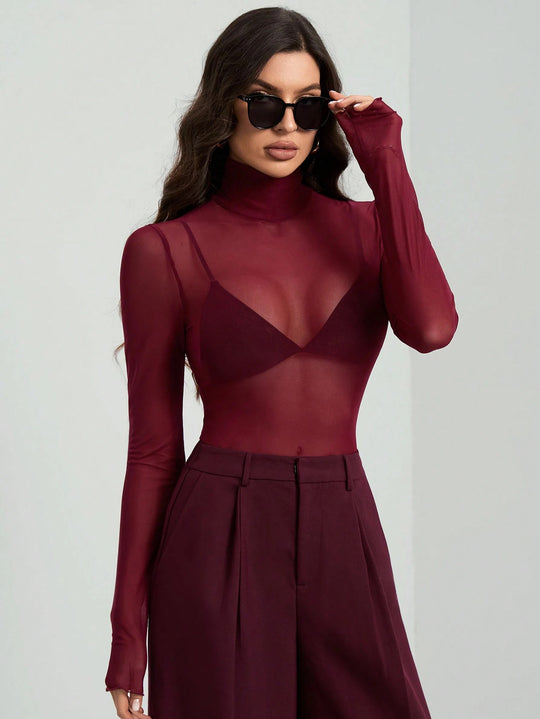Damen nan feines transparentes Mesh-Langarmtop mit Rollkragen und figurbetonter Passform R&B