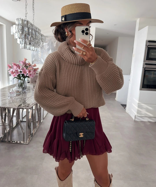 Damen Strickpullover mit hohem Kragen und voluminösen Ärmeln R&B