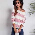 Damen Freizeit Pullover mit modernem Lochmuster und Streifen-Design R&B