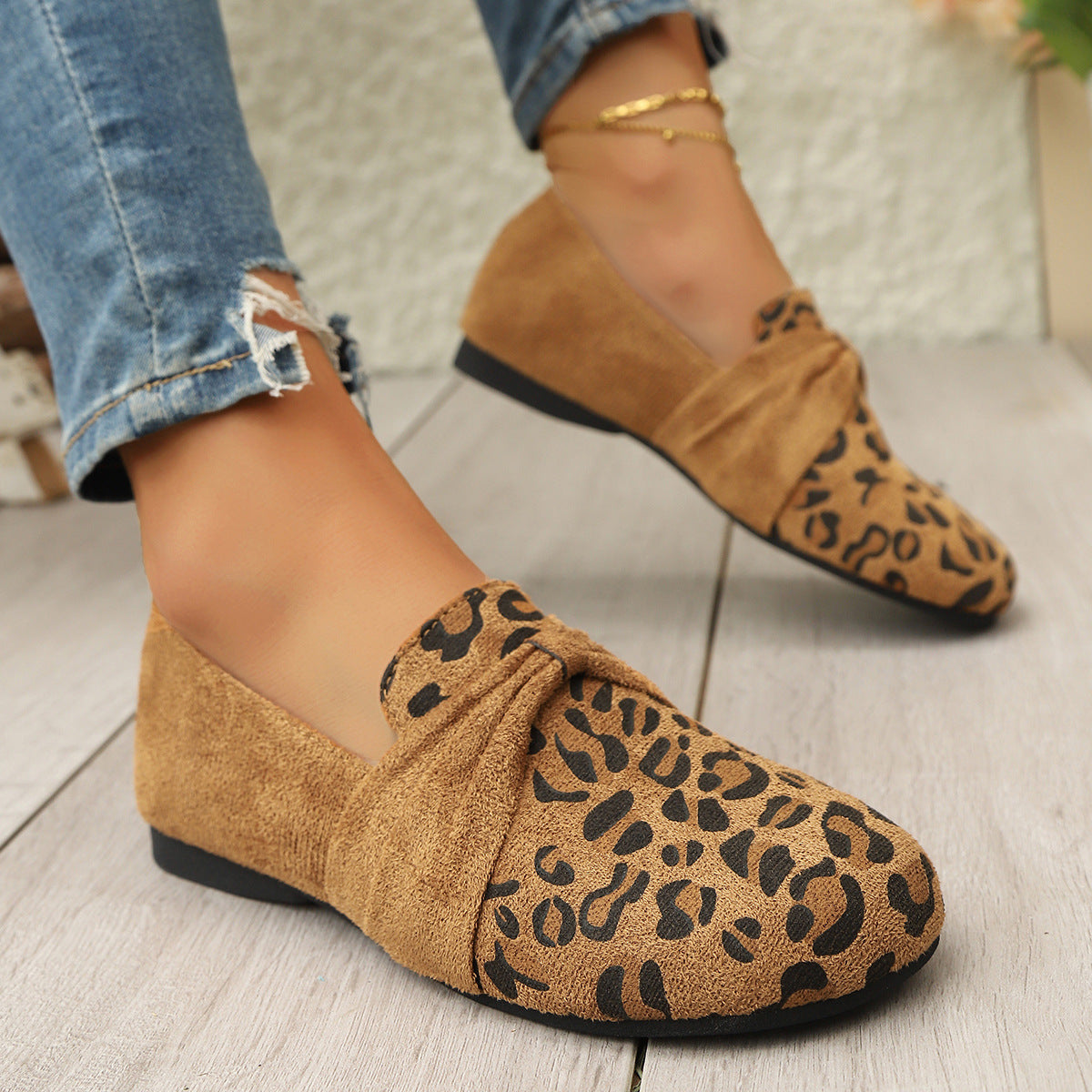 Damen Mokassins mit modischem Leopardenmuster und eleganter Schleifenapplikation R&B