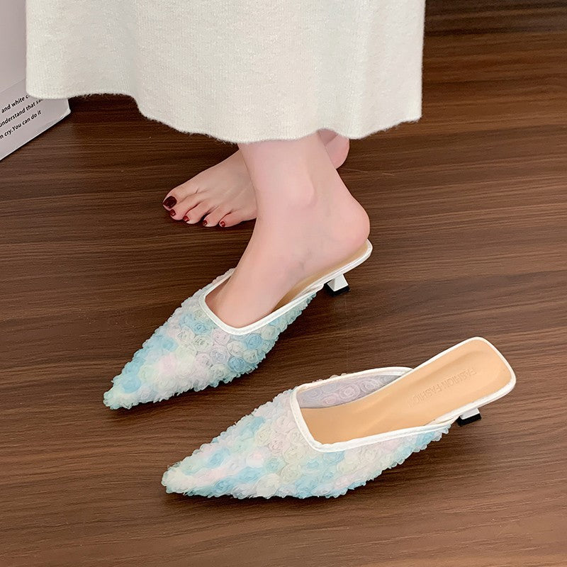Damen Elegante Mules mit floralem Rosen-Design und modischem Absatz R&B