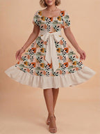 Damen Sommerkleid mit floralem Puffärmel und taillierbarem Gürtel EB