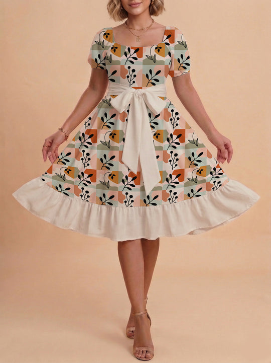 Damen Sommerkleid mit floralem Puffärmel und taillierbarem Gürtel R&B