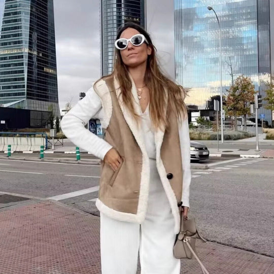 Damen warme Fleece-Weste mit klassischem Kragen und praktischen Taschen R&B