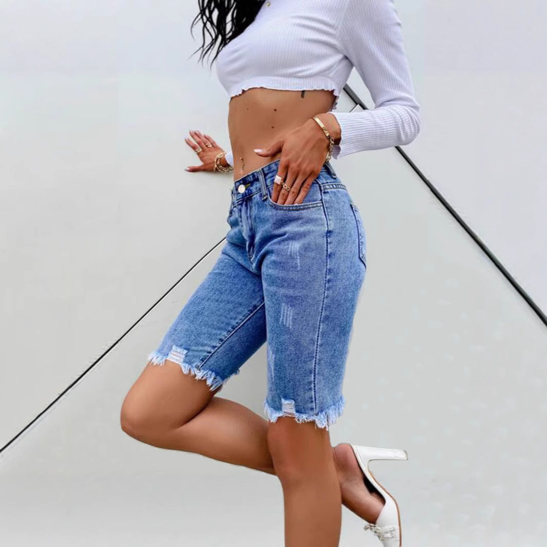 Damen Denim-Bermudashorts mit fransigem Saum und modernem Schnitt R&B
