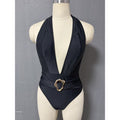 Damen Einteiler Badeanzug mit tiefem V-Ausschnitt und eleganter Gürtel-Applikation R&B