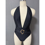 Damen Einteiler Badeanzug mit tiefem V-Ausschnitt und eleganter Gürtel-Applikation R&B