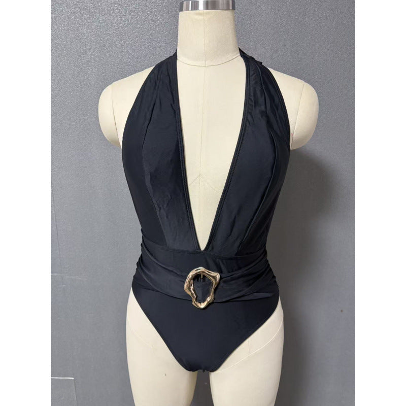 Damen Einteiler Badeanzug mit tiefem V-Ausschnitt und eleganter Gürtel-Applikation R&B