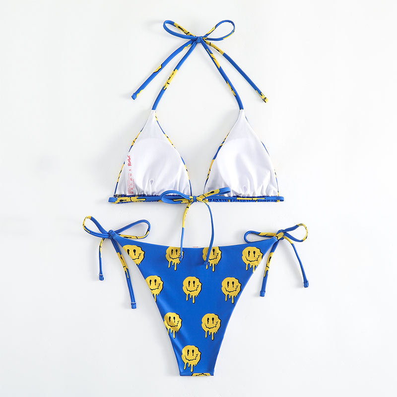 Damen Triangel-Bikini mit fröhlichem Smiley-Muster und verstellbaren Bindändern