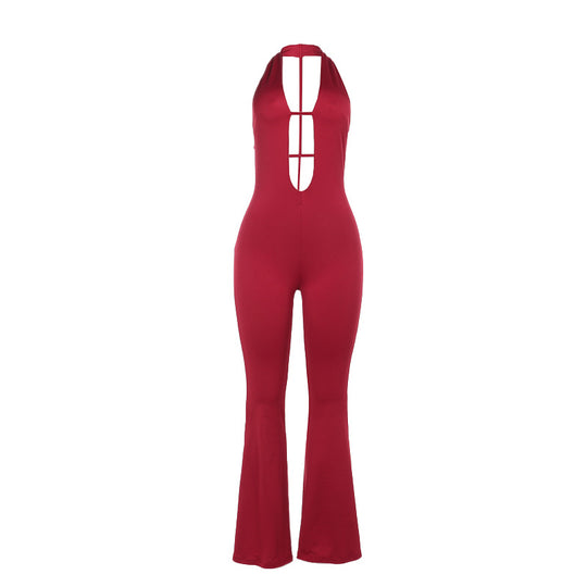Damen figurbetonter Overall mit tiefem V-Ausschnitt und weitem Bein R&B