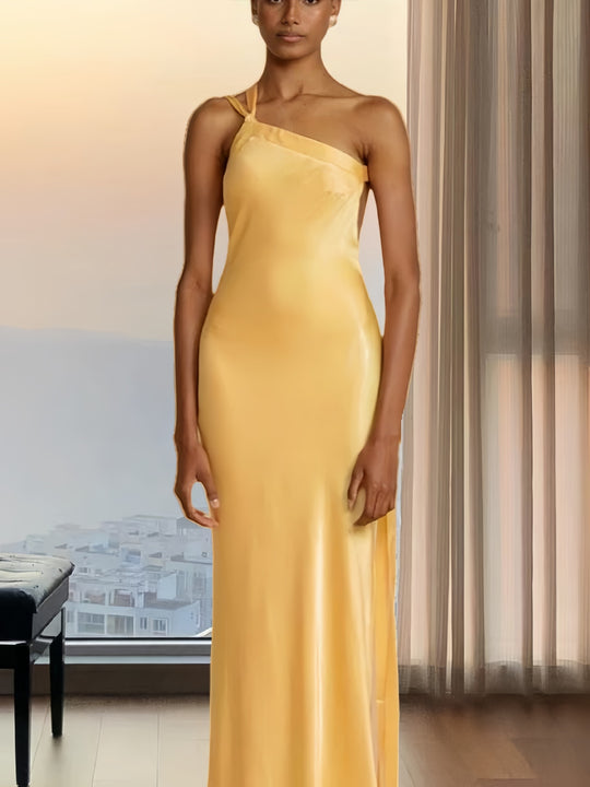 Damen Elegantes Satin Abendkleid mit asymmetrischem Schnitt und schmalem Träger R&B