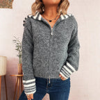 Damen kuschelige Strickjacke mit stilvollem Reißverschluss und modischen Streifen R&B