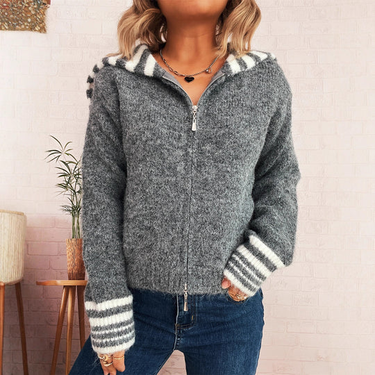 Damen kuschelige Strickjacke mit stilvollem Reißverschluss und modischen Streifen R&B