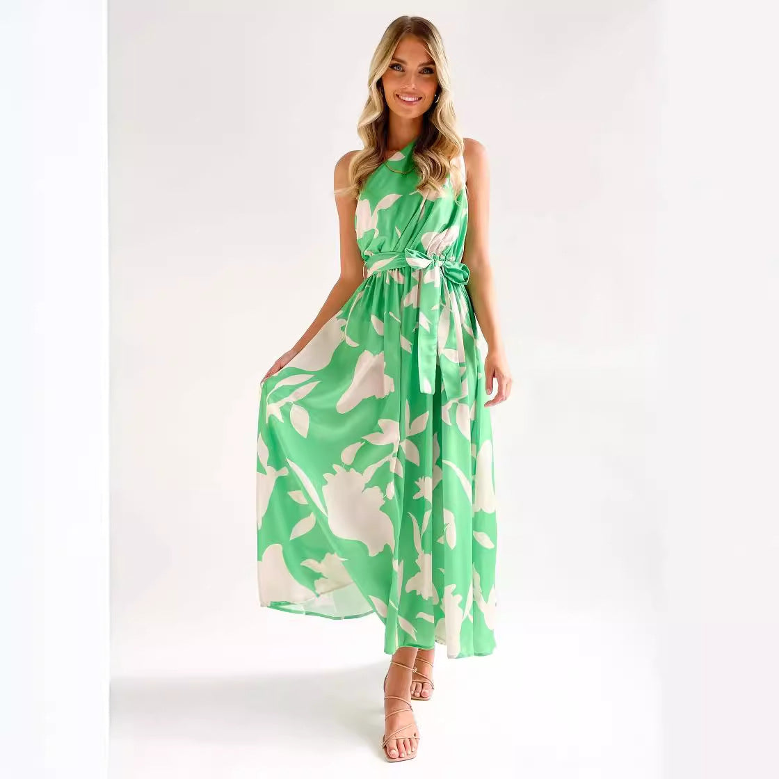 Damen Maxikleid mit asymmetrischem Ausschnitt und elegantem Bindegürtel R&B