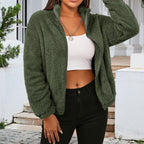 Damen Kuschelige Kurzjacke aus Plüsch mit hohem Kragen und seitlichen Taschen R&B