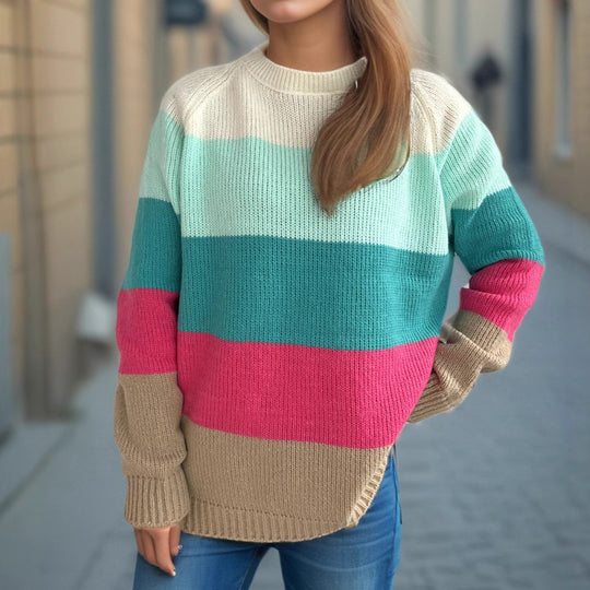 Damen lässiger Strickpullover mit bunten Blockstreifen und weitem Schnitt R&B
