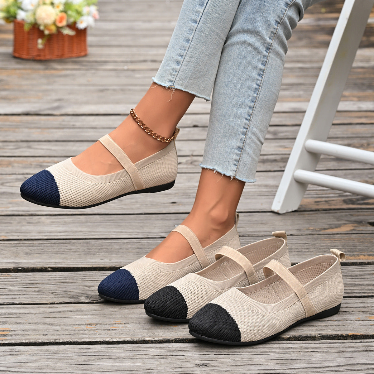 Damen Ballerinas mit elastischem Riemendesign und atmungsaktiver Textiloberfläche R&B