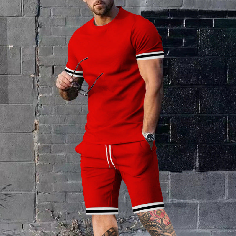 Herren nan athletisches Freizeit-Set aus Baumwoll-Feinjersey mit Kontrastbündchen und Kordelbund-Kurzhose R&B
