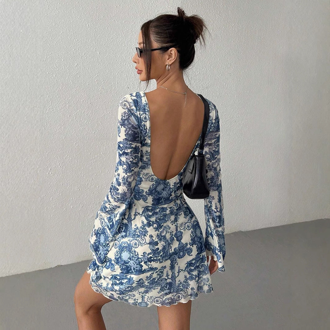 Damen Minikleid mit tiefem Rückenausschnitt und eleganter Printgestaltung R&B