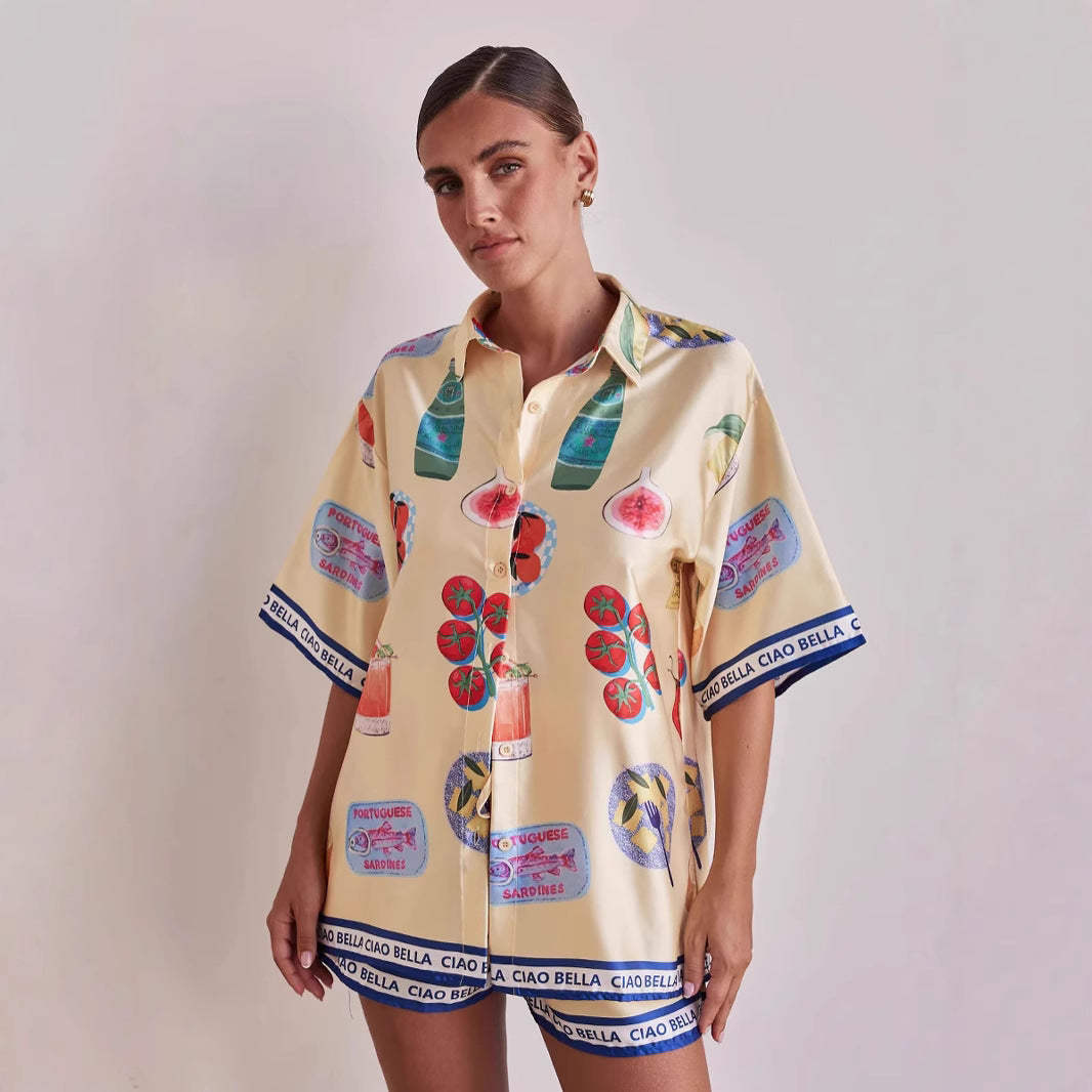 Damen Set bestehend aus stilvollem Kurzarm-Hemd und Shorts im sommerlichen Design R&B