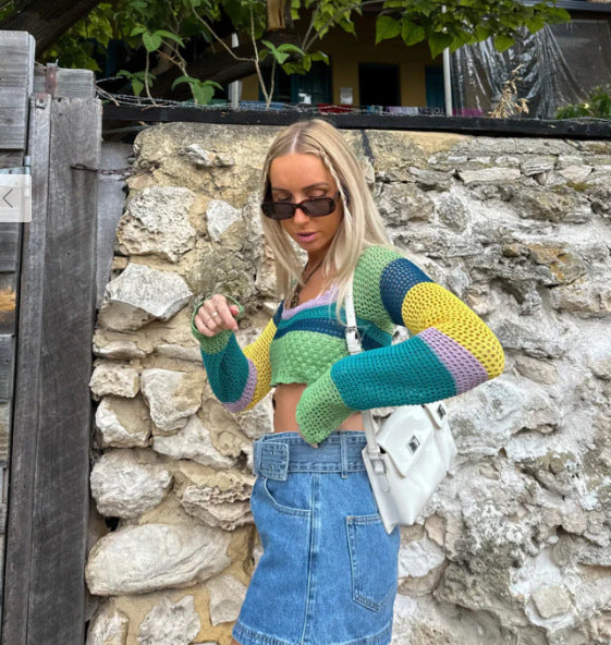 Damen luftiges gehäkeltes Crop-Top mit auffälligem Streifenmuster R&B