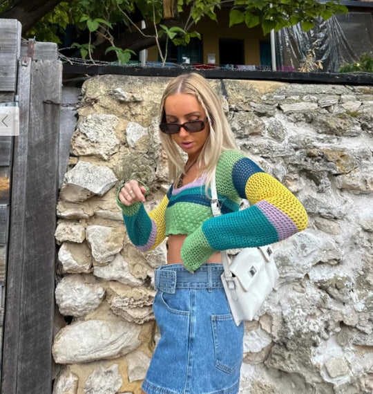Damen luftiges gehäkeltes Crop-Top mit auffälligem Streifenmuster R&B