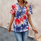 Damen Kurzarm T-Shirt mit knöpfbarem Ausschnitt und verspieltem Batik-Design R&B