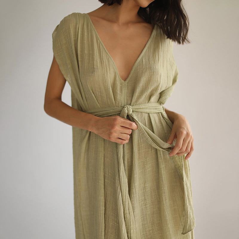 Damen luftiges Strandkleid mit Bindegürtel R&B